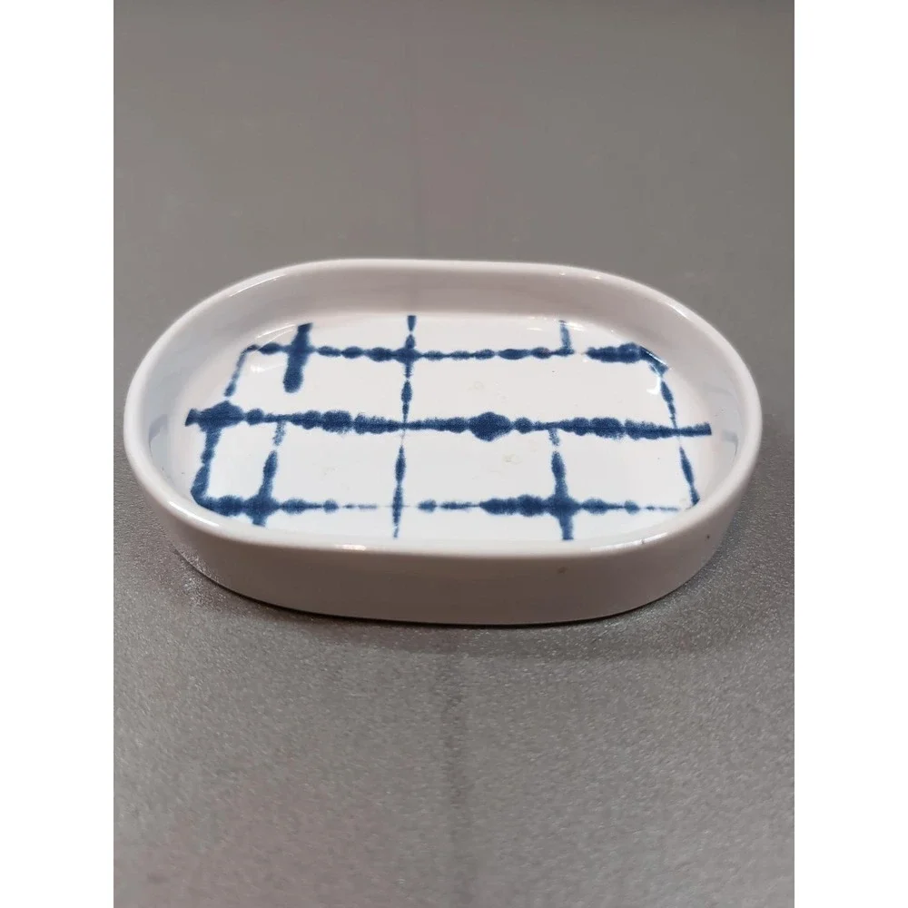 DKNY 3 Piece Ceramic Bath Set Blue Grid Soap Dispenser Toothbrush Holder Dish